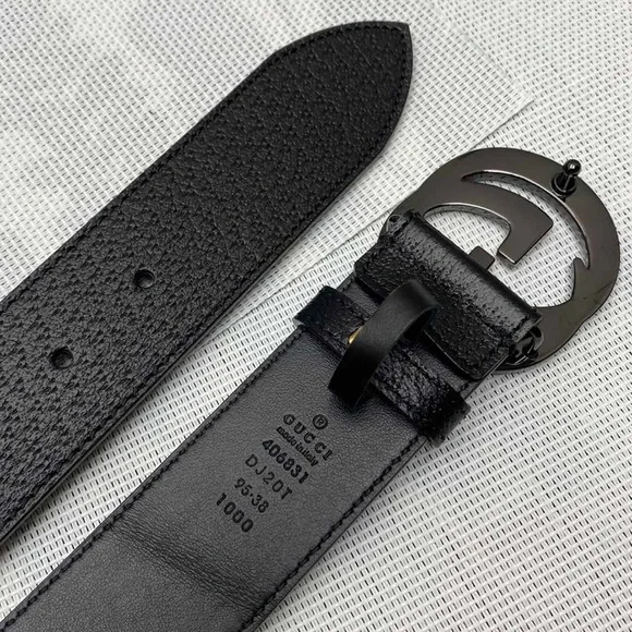 Unisex Gucci Black Leather Interlocking G Gunmetal Buckle Belt - Picture 4 of 5